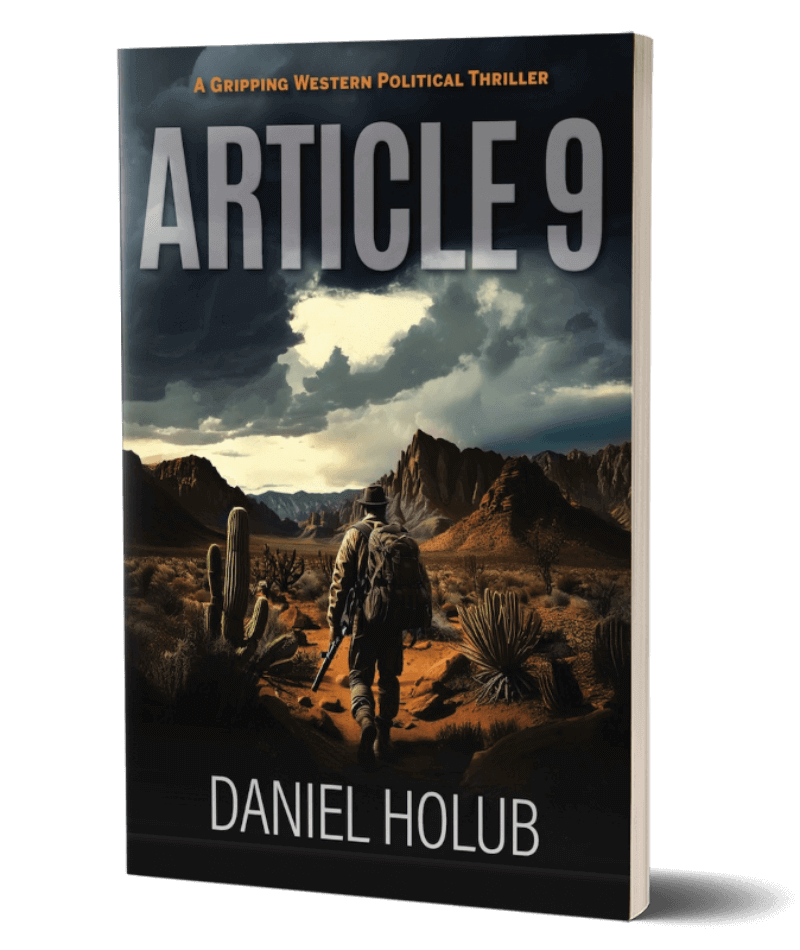 The book cover for Article 9, by Daniel Holub, showing an armed man walking through the Mexican desert mountains.